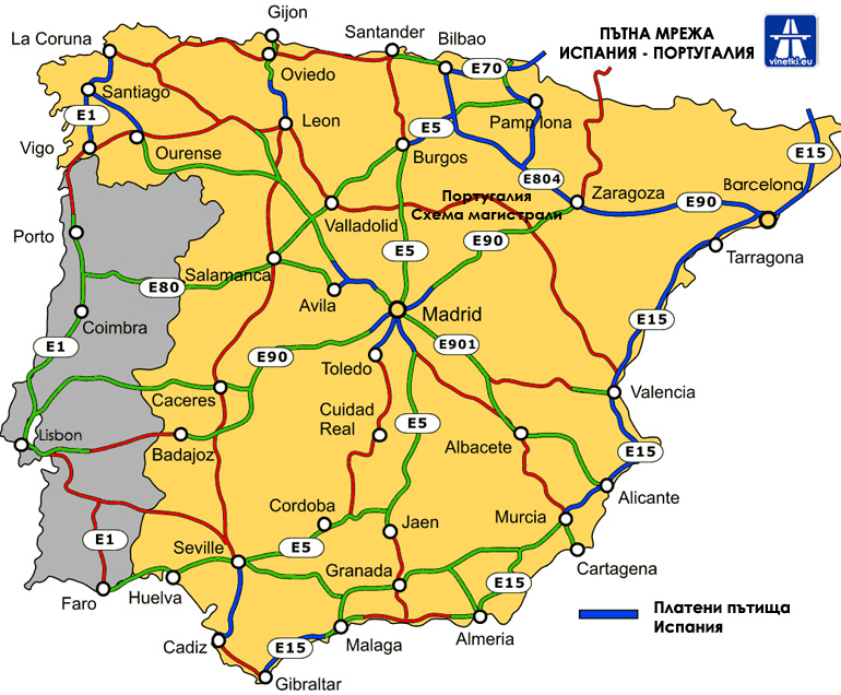 Пътни такси Испания - карта 2012